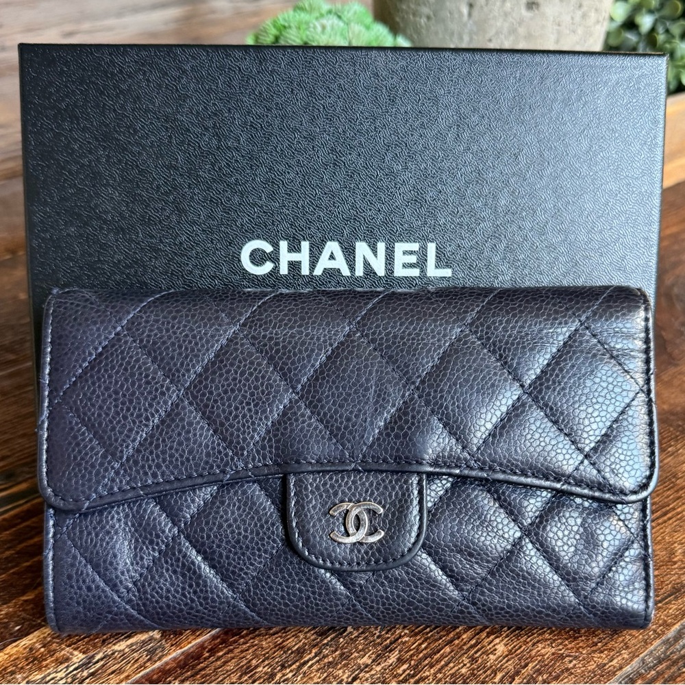 CHANEL Classic L-Flap Caviar Navy Blue Quilted Long Wallet - Picture 1 of 15